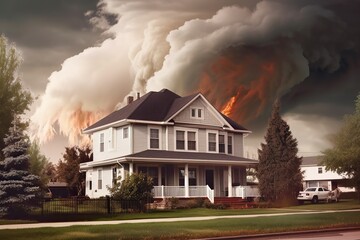 approach of a huge tornado to a burning apartment building. storm, tornado, natural disaster. the concept of property insurance against accident and natural disaster.Generative AI