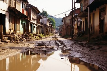 Fototapeta premium houses and the street are filled with mud after the mudflow. the concept of property insurance against accident and natural disaster.Generative AI