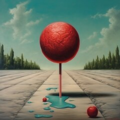 Red Lolli Pop on a cracked road with water puddles