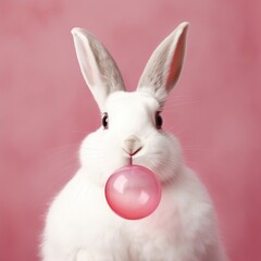 white rabbit on pink background with bubble gum