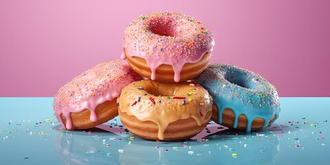 four different colored sprinkled donuts in a pink background Generative AI