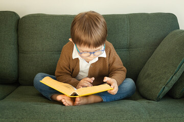 Little smart boy reads a big book