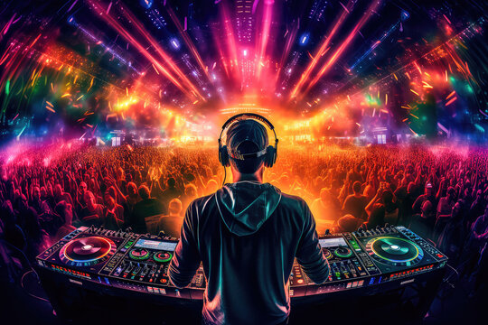 DJ wearing headphones standing in front of a crowded stage. Multicolored lights flashed everywhere. Generative AI