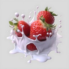 Dynamic Snapshot of Fresh Red Strawberries Surrounded by Splashing Milk Effect on White Background, Illustration for Strawberry Milk or Strawberry Milkshakes, Concept for Healthy and Tasty Food