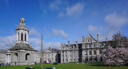 University College Dublin, panoramic view in springtime with blooming magnolia