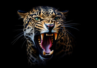 Angry Jaguar in darkness - front view, isolated - AI generated

