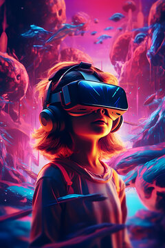Child playing on VR glasses indoor. Digital generation trend. Poster Design - AI generated
