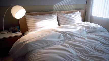 bed with white pillows in hotel, ai generative	