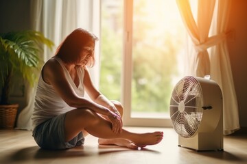 exhausted Woman tired at home cooling with electric fan ventilator. Hot summer extreme hot heatwave - obrazy, fototapety, plakaty