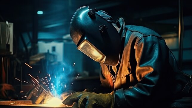Fictional artificial intelligence generated male worker welding metal parts wearing protective suit gloves and helmet, blurred background. Generative ai