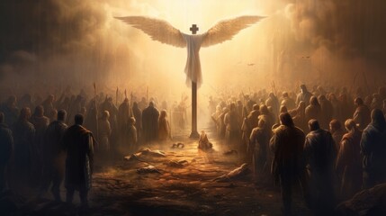 A holy angel, an archangel with wings, hovers over a crowd of people. The coming of Christ. Generative AI