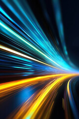 Abstract futuristic background high speed straight blue yellow lines and bokeh glowing neon moving. High speed futuristic travel concept. Fantastic wallpaper,  Ai Generative