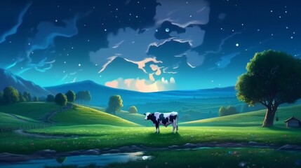 Plakat Dairy cow cow grazed in the night meadow, cartoon drawing of cattle. Generative AI