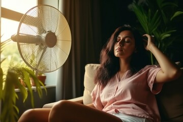 Woman tired sweltering cooling with electric fan blowing in face. Hot summer extreme hot heatwave - obrazy, fototapety, plakaty