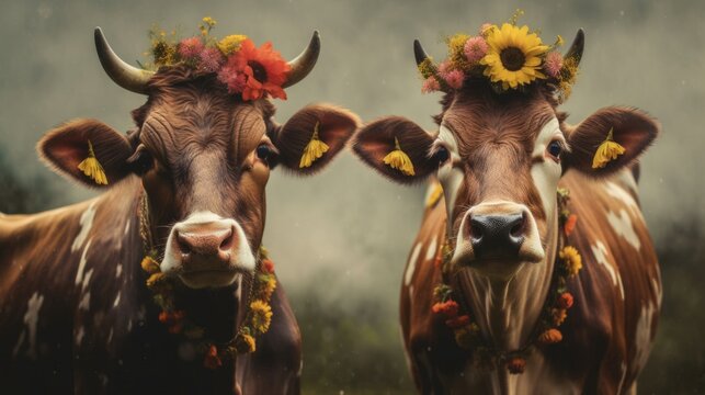 Portrait of two cows cows on a clean background, photo drawing of a horned cattle. Generative AI