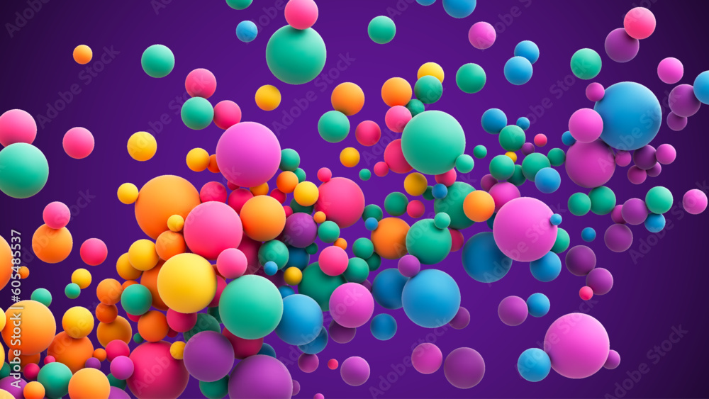 Sticker abstract composition with many colorful random flying spheres. colorful rainbow matte soft balls in 