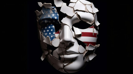 Broken porcelain mask with a pattern of the American flag, diplomacy of NATO countries, sanctions and wars. 