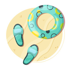 Swimming ring and sandals on sand top view. Summer concept, beach accessories. Vector illustration isolated on white background.