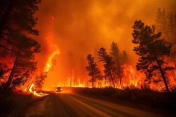 Forest wildfire, Charred trees, fire glow and smoke. Natural disaster as a result of heat wave