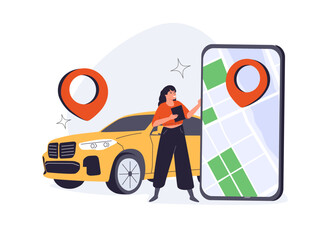 Online ordering taxi car, rent and sharing using service mobile application. Man near smartphone screen with route