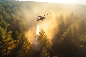 Fototapeta na wymiar helicopter hovering above burning forest, extinguish wildfire extreme hot weather heatwave