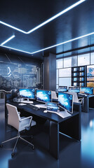 Modern office workspace with multiple computer screens and advanced technology