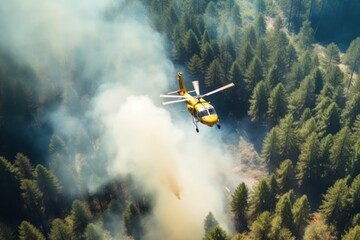 Fototapeta na wymiar Helicopter operating to extinguish burning forest wildfire caused by extreme hot weather heatwave