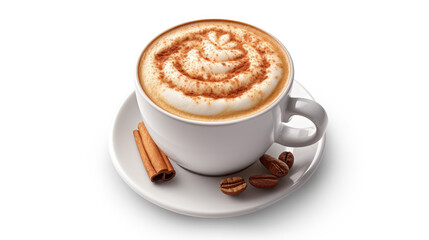 A fancy cup of coffee with foam and cinnamon on an isolated white background created with Generative AI