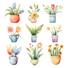Cute Watercolor Spring Flowers Clip Art on Isolated Background 