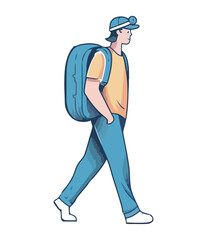 boy carrying backpack walking with speed