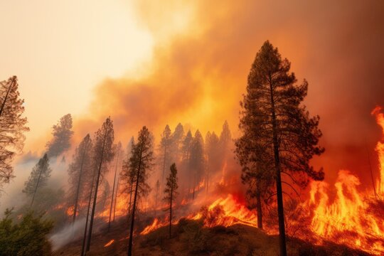 forest wildfire, charred trees, climate change and extreme heat in fueling such natural disasters