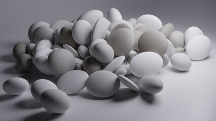 3d modeled and rendered small collection of arranged speckled stones