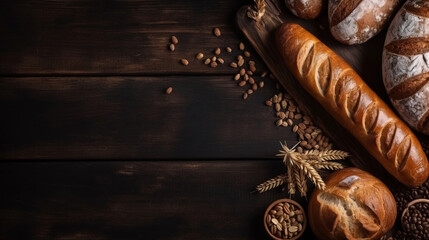 minimalistic background with bread and buns, bakery products, top view, free copy space, mockup