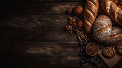Fototapeta na wymiar minimalistic background with bread and buns, bakery products, top view, free copy space, mockup