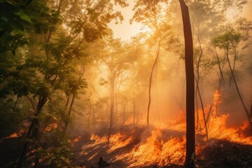 devastating forest wildfire, with charred trees, smoke. natural disaster caused by climate change