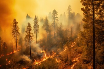 forest wildfire with charred trees standing amidst the remnants of fire glow and thick smoke