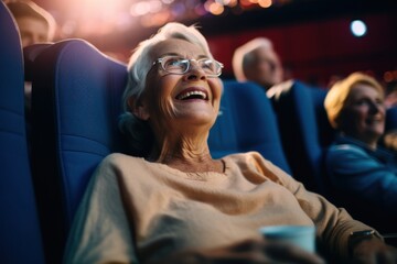 Silver Screen Magic: Exploring the Joy of an Elderly Woman and Her Grandson at the Cinema, generative ai