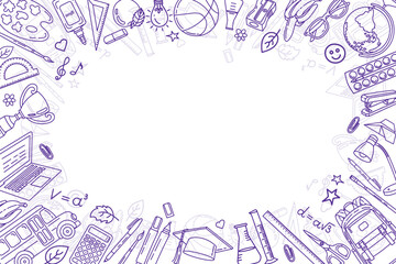 School background. School items and stationery hand drawn vector illustration