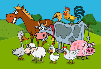 cartoon character farm animals chicken duck cow horse rooster sheep pig goose goat pattern set kid illustration