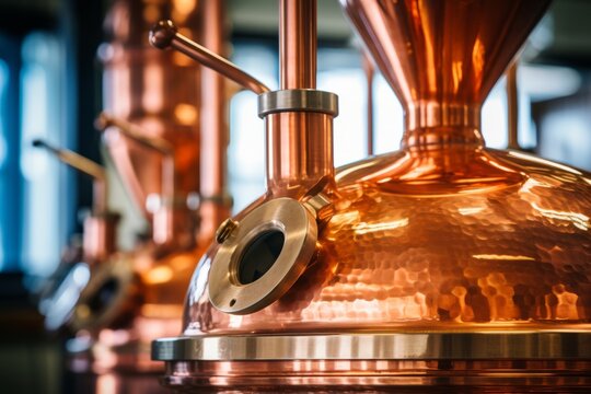 A close-up shot of a vintage copper still used for moonshine production, showcasing the craftsmanship and history behind the process. Generative Ai