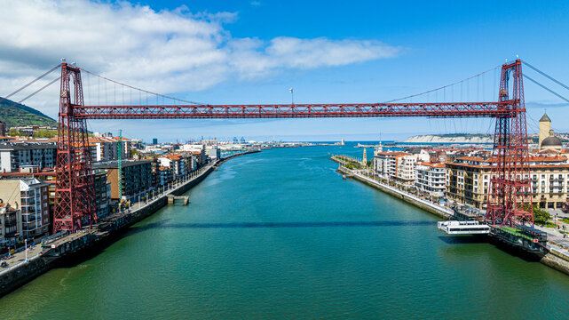 Aerial of Vizcaya Bridge, UNESCO World Heritage Site, Bilbao, Basque country, Spain, Europe