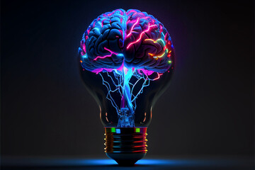 Neon brain in a light bulb. concept of knowledge, brainstorm. Generative AI