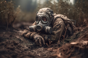 Soldier with gas mask lying in muddy terrain. Special forces soldier. Person in gas mask. Realistic 3D illustration. Generative AI