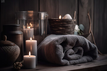 Obraz na płótnie Canvas Spa towels in a sauna oil and candles. Spa salon. Body care items bathroom towels and others. Realistic 3D illustration. Generative AI