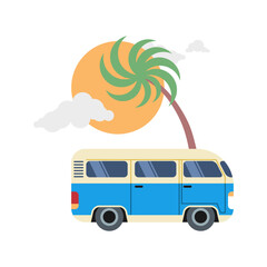 Summer travel van color fill icon. Vacation surf bus or Caravan with sunset, clouds, and palm tree on tropical beach. Vector illustration logo template in trendy flat retro style.