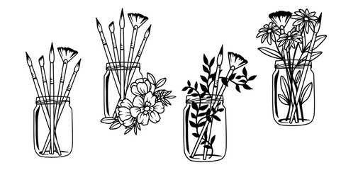 Jar with paint brushes and flowers. Outline vector designs.