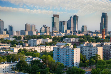 Aerial view of Warsaw city center during sunset