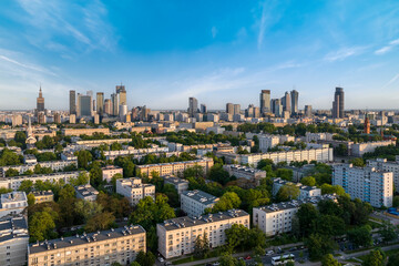 Fototapeta na wymiar Aerial view of Warsaw city center during sunset