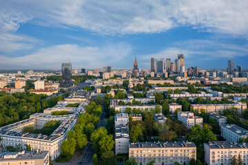 Aerial view of Warsaw city center during sunset
