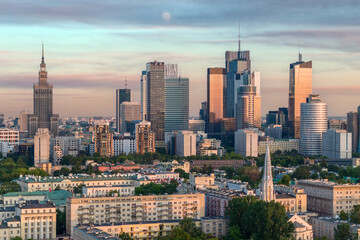 Fototapeta na wymiar Aerial view of Warsaw city center during sunset